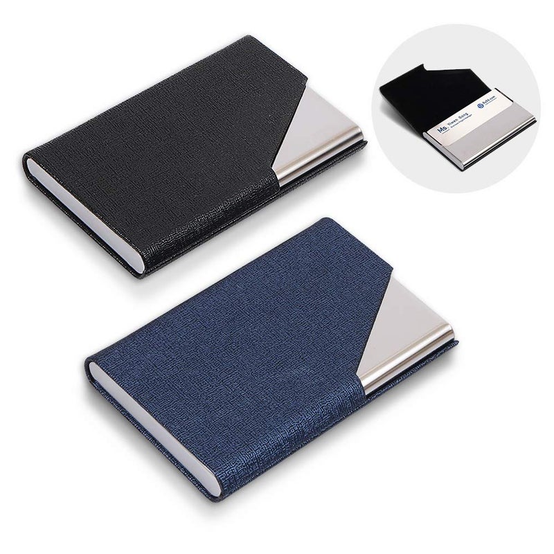 homEdge Business Card Holder, Slim Professional 2 Packs PU Leather+Stainless Steel Business Card Case for Traveling and Business-Black and Blue - Image 1